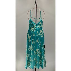 Lulu's Teal Satin Floral Slip Midi Dress with Cream Blooms